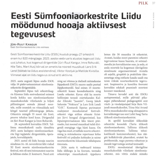 Ajakirjas MUUSIKA ilmus ülevaade Eesti Sümfooniaorkestrite Liidu eelmise hooaja tegevusest
